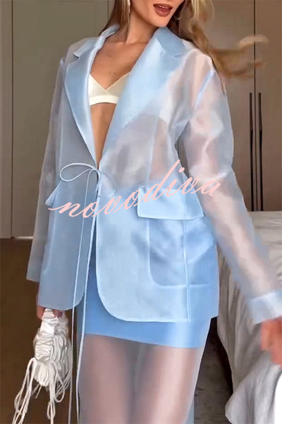 Simple and Light See-through Fabric Tie-up Long Sleeve Pocket Lapel Blazer