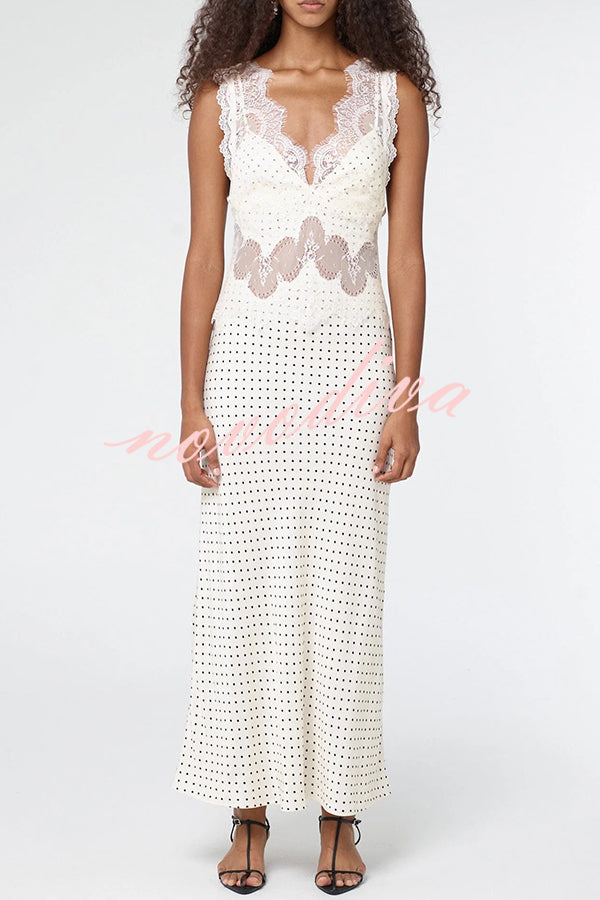 Wonderful Fusion Satin Lace Trim Poka Dot V-neck Drape Maxi Dress