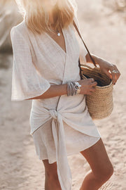 Easy Breezy Cotton Linen Blend Knotted Wrap Mini Dress