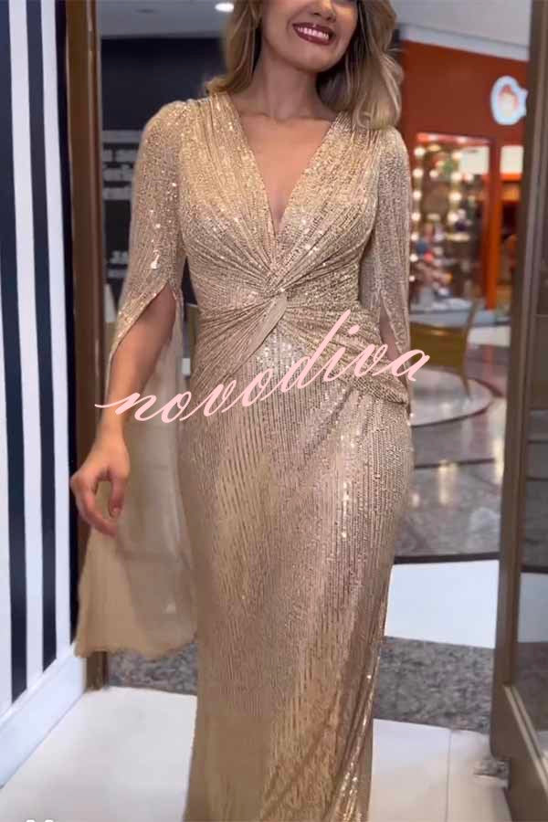 Shine Brighter Sequin Cape Sleeve Cross Waist Evening Maxi Dress