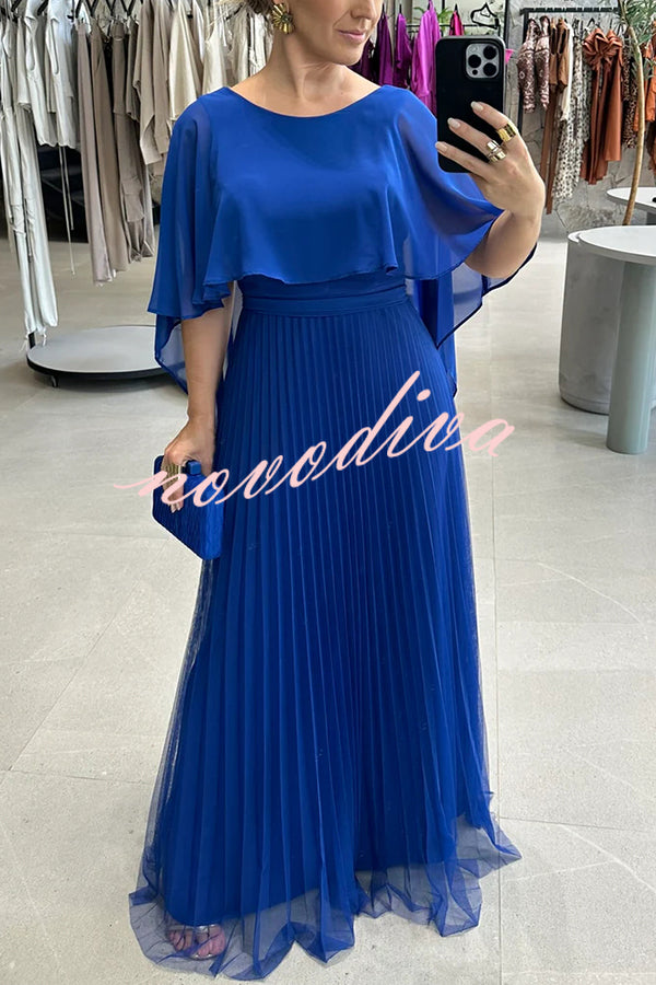 Ready for Holiday Cape Sleeve Tie-up Pleated Maxi Dress