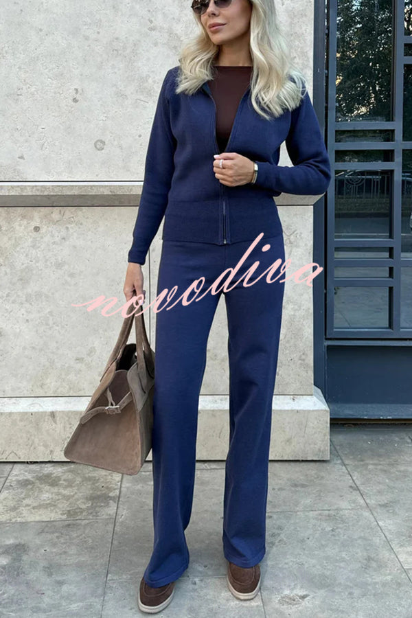 Cozycore Knit Zipper Long Sleeve Cardigan and Stretch Wide Leg Pants Set