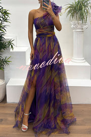 Charming Embrace Tulle Floral Pleated One Shoulder Slit Maxi Dress
