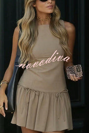 Solid Bow Round Neck Sleeveless Mini Dress