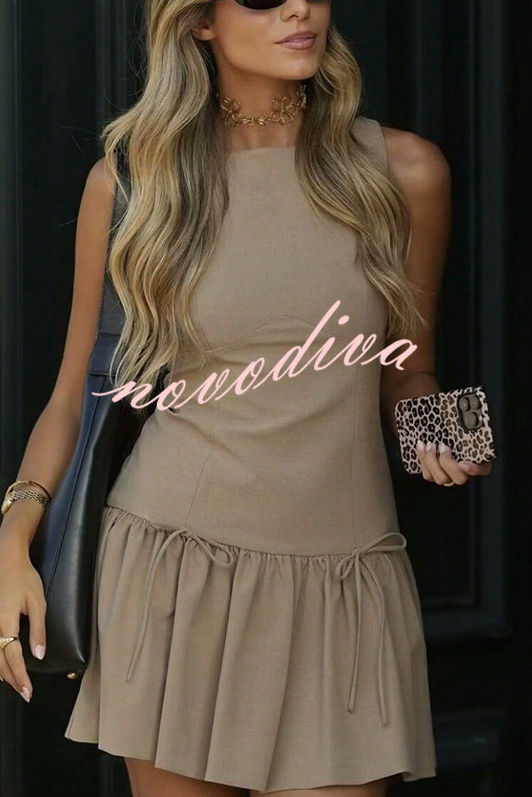 Solid Bow Round Neck Sleeveless Mini Dress