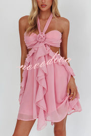 Romantic Midnight Rose Detail Cutout Ruffles Halter Mini Dress