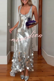 Party Tips Sequin Irregular Round Tassels Hem Back Cutout Tank Maxi Dress