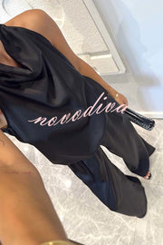 Classic on You Satin High Cowl Neck Top and Elastic Waist Pocket Loose Pants Set