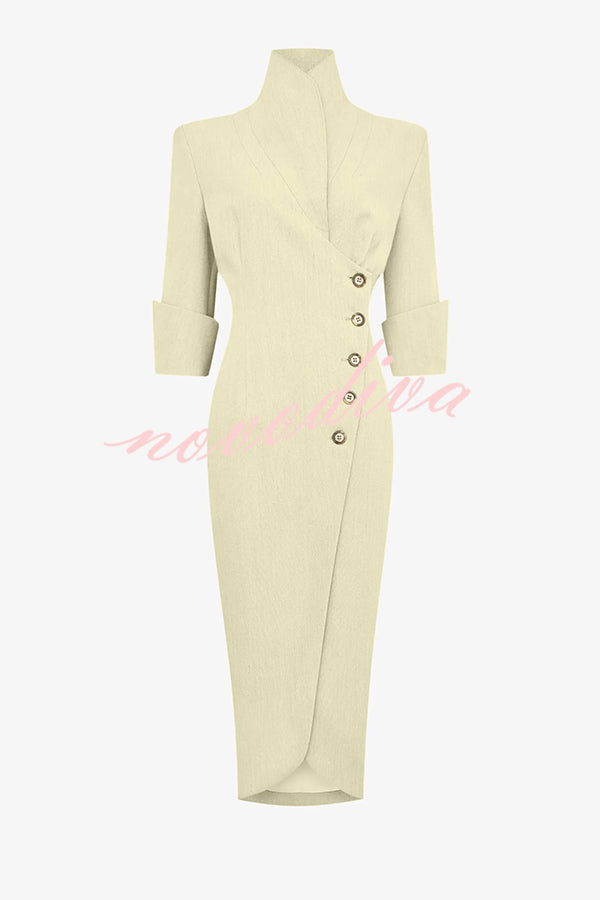 Elegant Look Linen Blend Stand Lapel Neck Half Sleeve Side Button Midi Dress