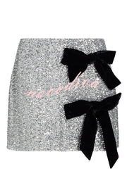 Holiday Party Sequin Velvet Bow Detail High Rise Stretch Mini Skirt