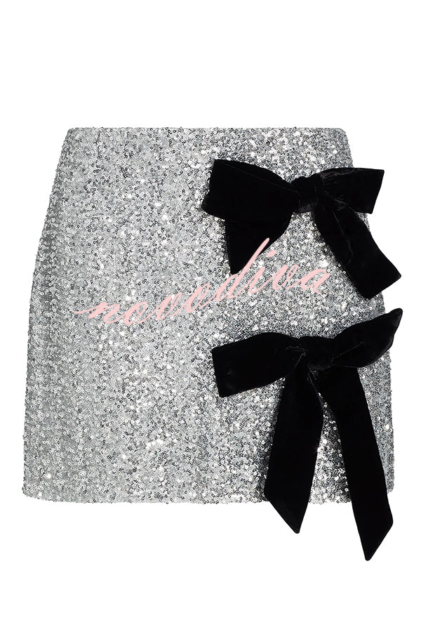 Holiday Party Sequin Velvet Bow Detail High Rise Stretch Mini Skirt