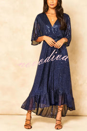 Solid Color Sequined V-neck Waist Tie Loose Maxi Dress