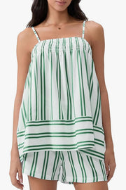 Striped Print Suspender Loose Pocket Top and Elastic Waist Casual Shorts Set
