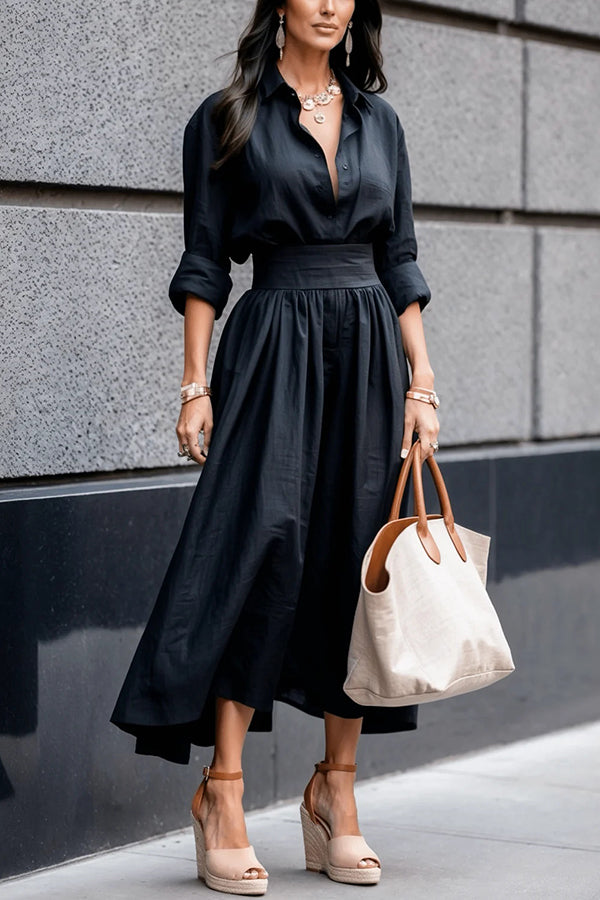 Solid Color Lapel Long Sleeve Casual Waist Midi Dress