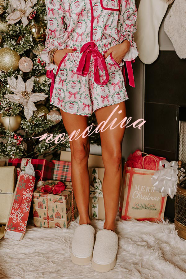 Christmas Dreaming Satin Santa Print Velvet Trim Elastic Waist Pocketed Pajama Shorts Set