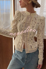 Fashion Hollow Lace Stand Collar Long Sleeve Slim Shirt