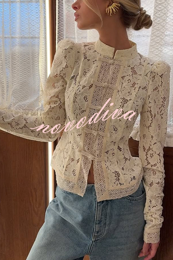Fashion Hollow Lace Stand Collar Long Sleeve Slim Shirt