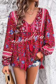 Intricate Floral Print V Neck Lace Up Paneled Long Sleeve Shirt