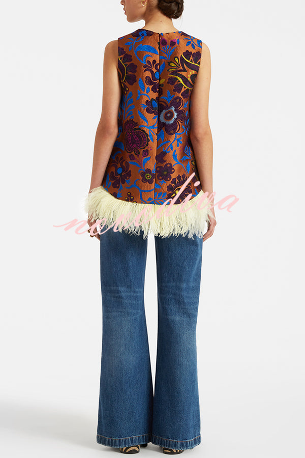 Emina Floral Feather Trim Trapezoidal Silhouette Asymmetrical Hem Top