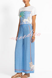 Sunday Breeze Satin Floral Unique Print Elastic Waist Pocket Wide Leg Pants