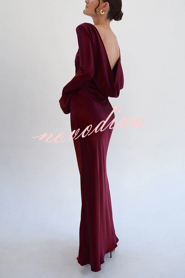 Satin Elegant Long-sleeved Open-back Slim-fit Slit Maxi Dress