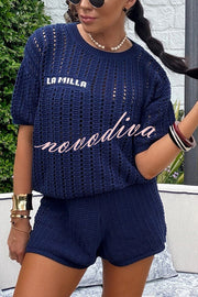Fashionable Hollow Knit Short-sleeved Top and Elastic High-waist Casual Shorts Set