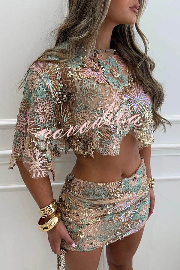 Fashionable Embroidered Flower Sequined Crop Top and Hip-hugging Mini Skirt Set