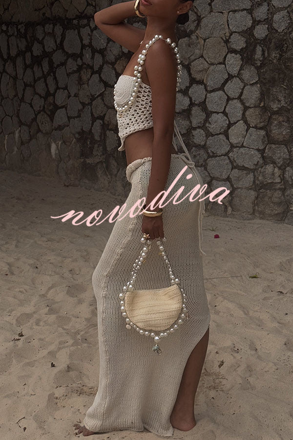 Mirina Hollow Crochet Knit Pearl Trim Heart Collar Crop Vacation Tank