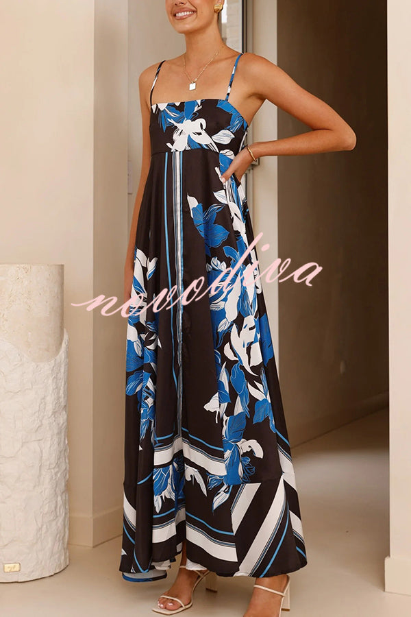 Botanical Print Square Neck Suspender Casual Full Hem Maxi Dress