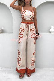 Floral Print Suspender Back Pleated Top and Elastic Waist Drawstring Pants Set