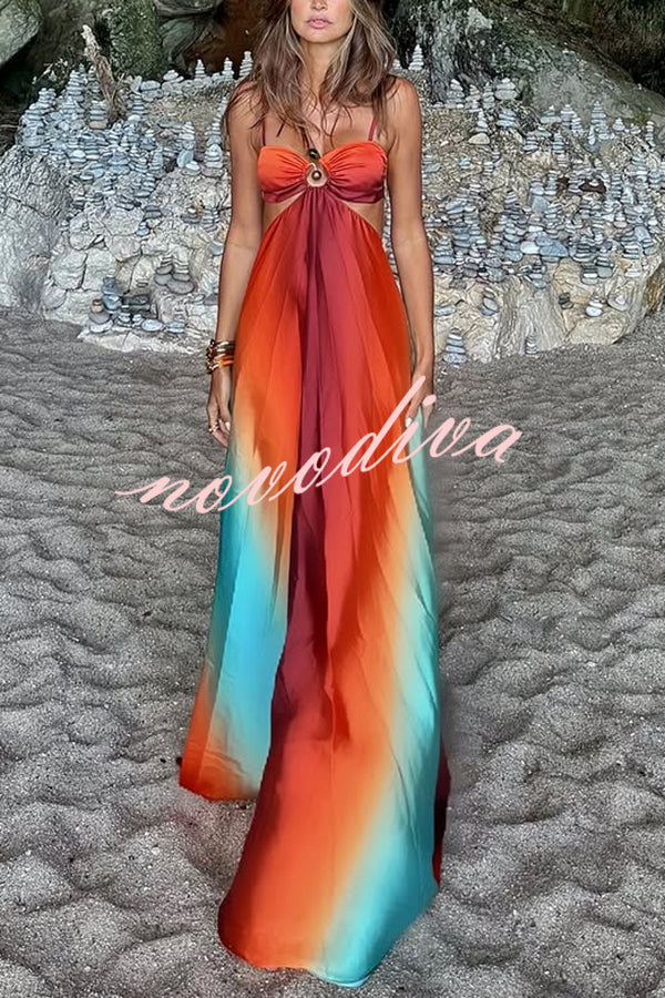 Neon Sunset Printed Metal Decoration Cutout Back Tie-up Vacation Maxi Dress