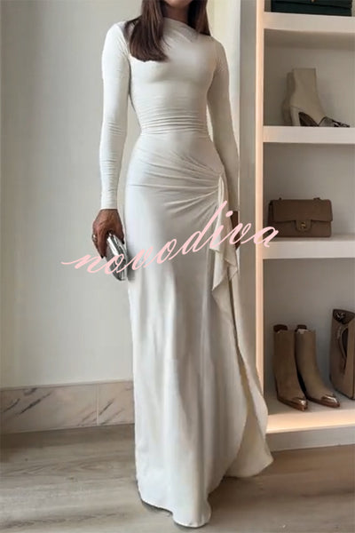 Venus Long Sleeve Ruched Side Slit Drape Ruffles Back Lace-up Stretch Maxi Dress