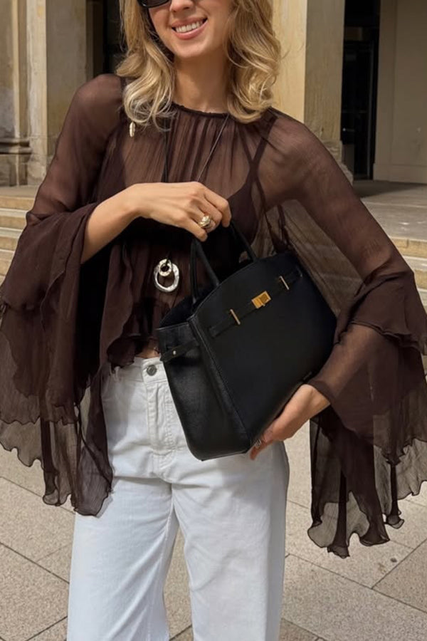 Solid Color Chiffon Elegant Bell Sleeve Loose Cover-up Top