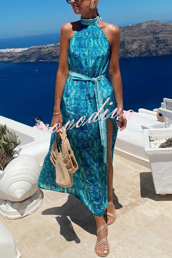 Unique Print Sexy Off-the-shoulder Waist Tie Slit Holiday Midi Dresses