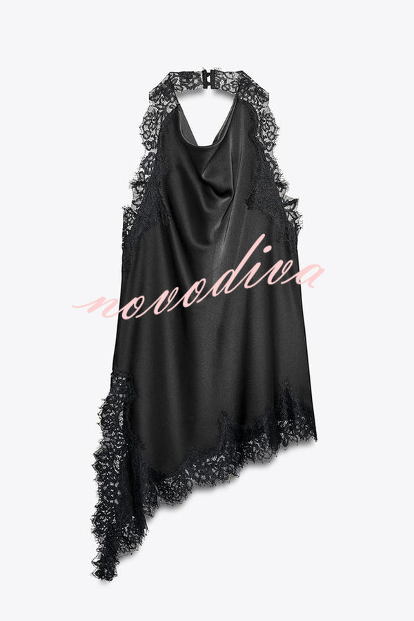 Dolly Satin Lace Trim Halter Cowl Neck Asymmetric Hem Tank