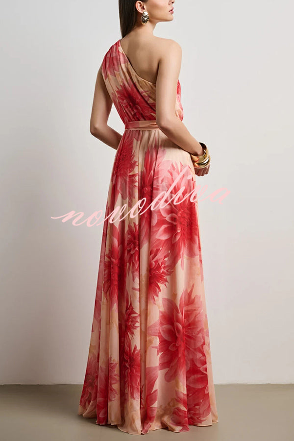 Floral Print One Shoulder Waist Tie Full Hem Resort Style Maxi Dress