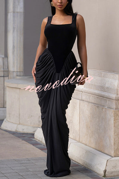 Fashionable Velvet Patchwork Square Neck Sleeveless Draped Maxi Dress
