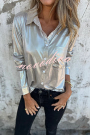 Holiday Look Solid Metallic Loose Pocket Button-down Blouse