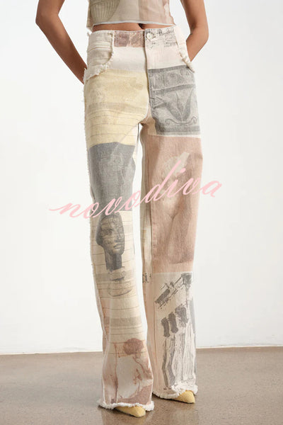 Historic Imagery Unique Print High Rise Pocketed Wide Leg Jeans