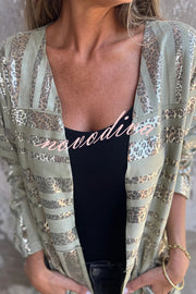 Fashionable Gold Foil Leopard Print Suede Long Sleeve Loose Pocket Midi Coat