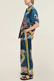Linen Blend Unique Print Lapel Short Sleeve Shirt and Elastic Waist Loose Pocket Wide Leg Pants Set