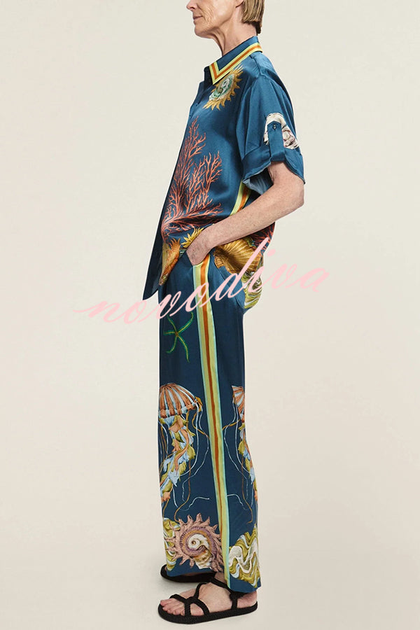 Linen Blend Unique Print Lapel Short Sleeve Shirt and Elastic Waist Loose Pocket Wide Leg Pants Set
