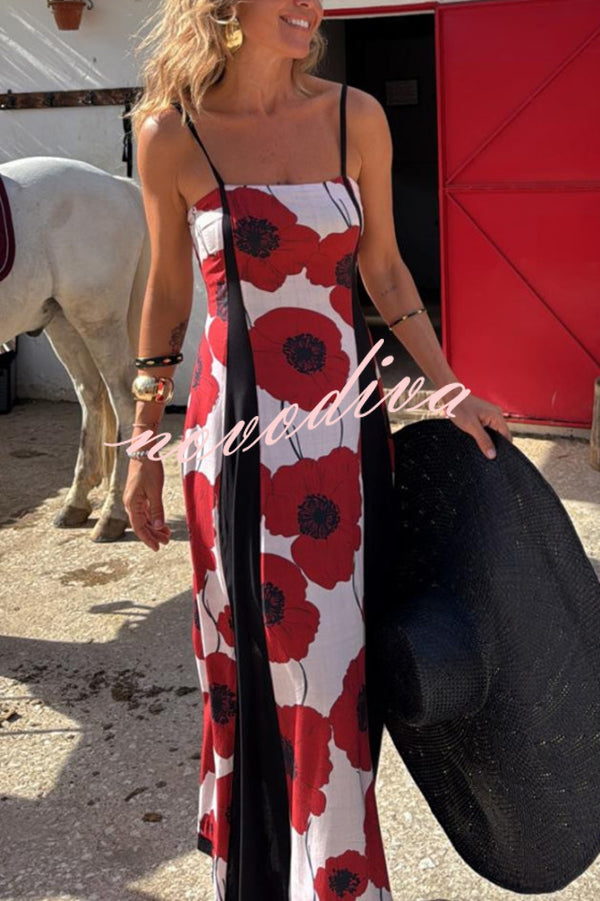 Floral Print Suspenders Paneled Back Pleated Maxi Dress