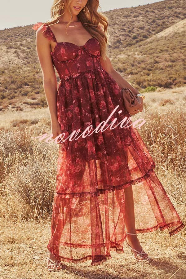 Romantic and Elegant Mesh Floral Back Smocked Tiered Ruffle Maxi Dress