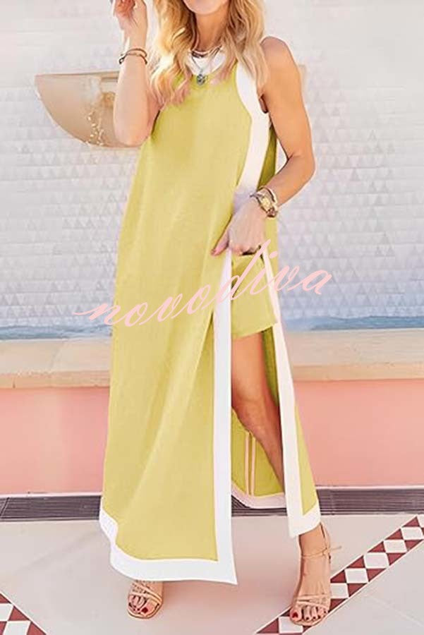 Ellie Contrast Color Sleeveless Midi Top and Elastic Waist Pocket Shorts Set