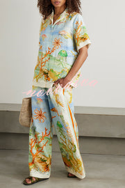 Unique Printed Lapel Short Sleeve Loose Shirt and Elastic Waist Casual Pocket Vacation Pants Set