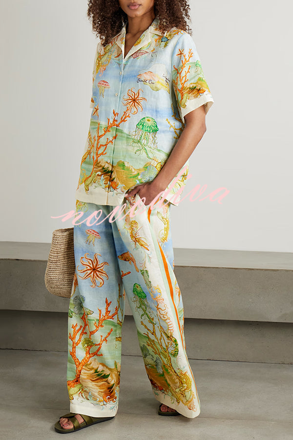 Unique Printed Lapel Short Sleeve Loose Shirt and Elastic Waist Casual Pocket Vacation Pants Set