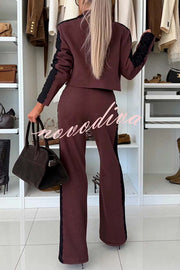 Fashion Lace Panel Long-sleeved Crop Top and Elastic Waist Tie Pocket Casual Pants Set