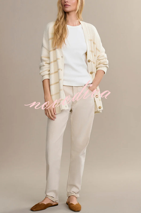 Striped Loose V-neck Long-sleeved Casual Knit Cardigan