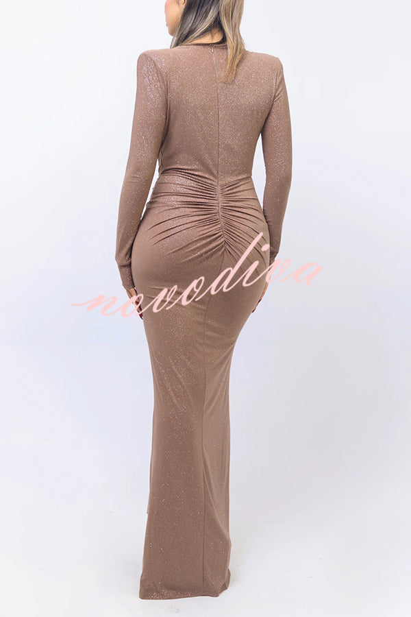 Solid Color Shiny Sexy V-neck Long Sleeve Ribbon Slit Slim Fit Maxi Dress